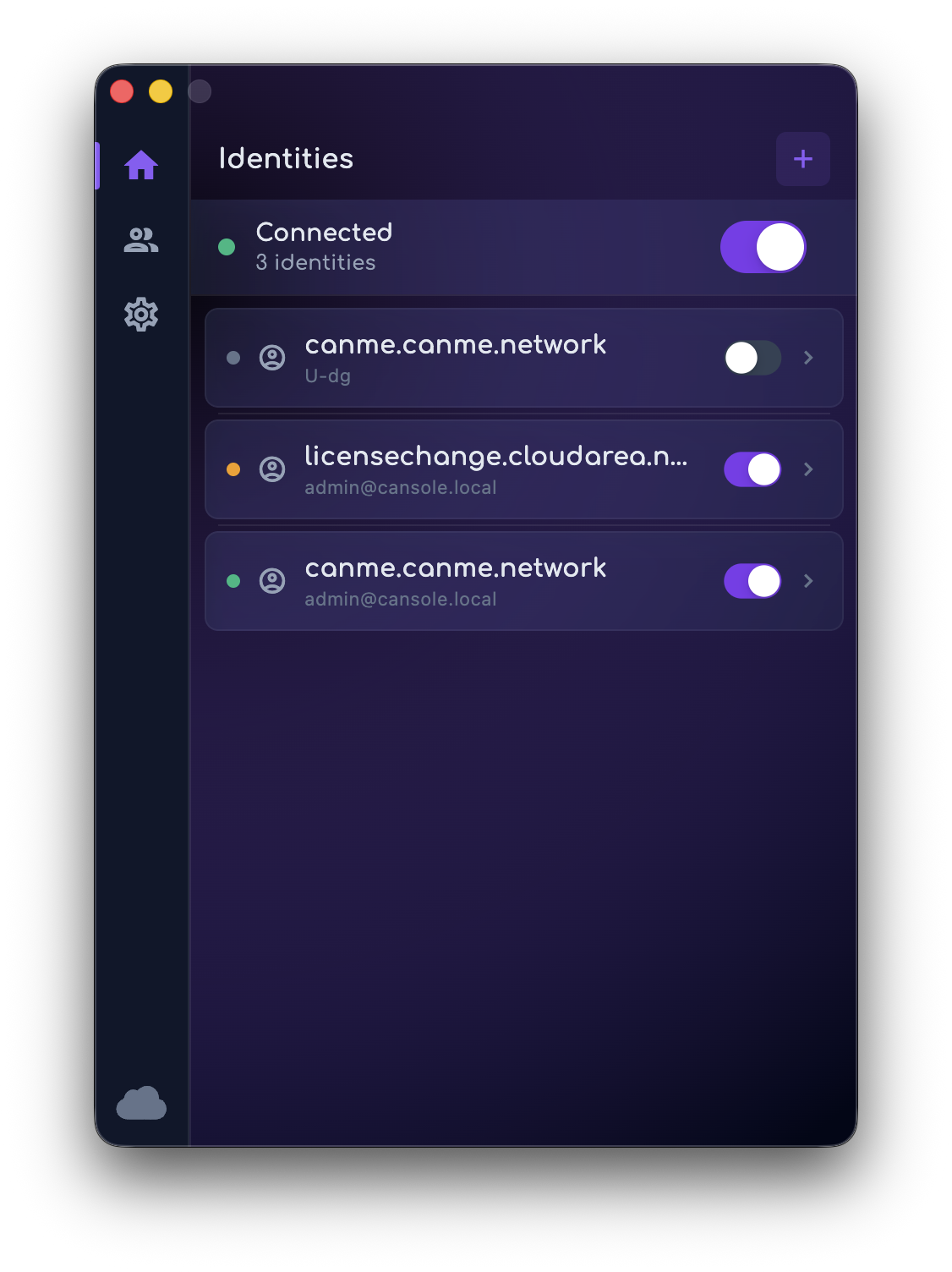 Cannector desktop client showing active networks